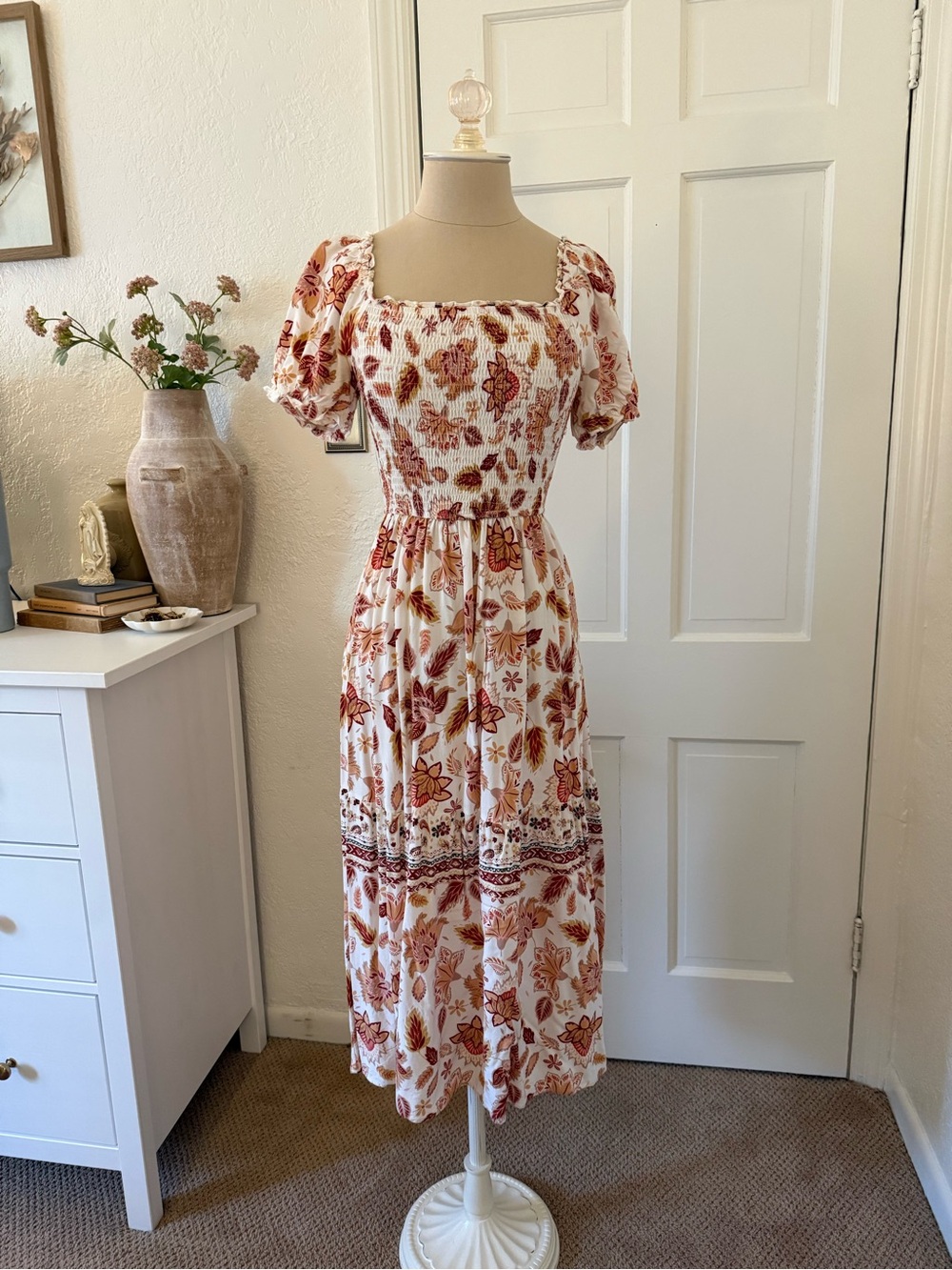 Floral Smocked Midi Dress - White with Rust Floral